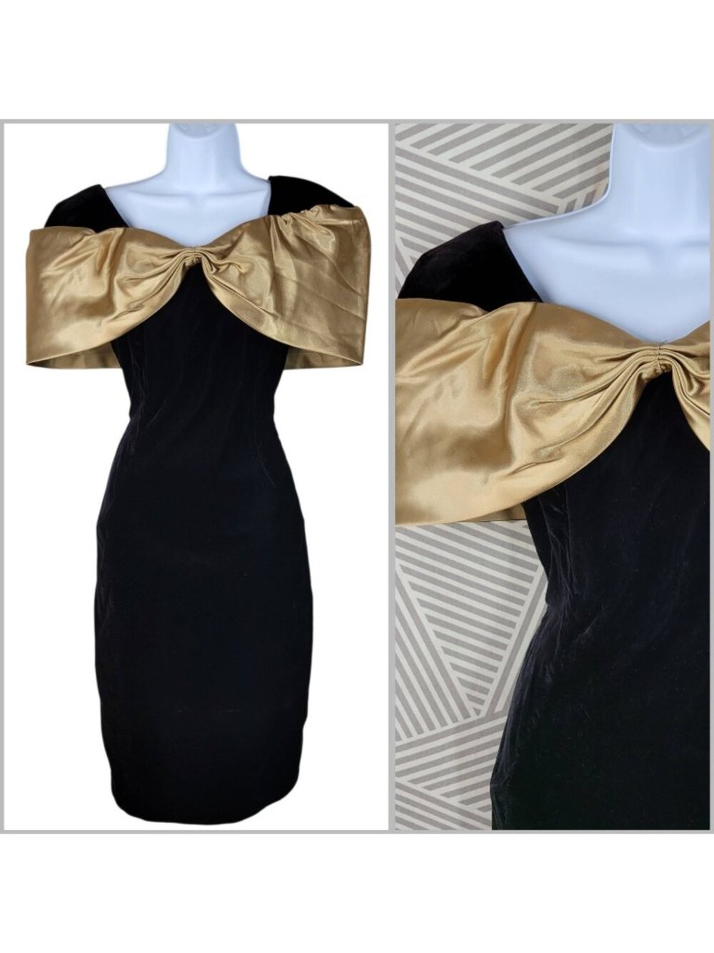 Vintage 80s Evening Black Velvet Dress Size 10/12 Small Prom Event Gold Bow